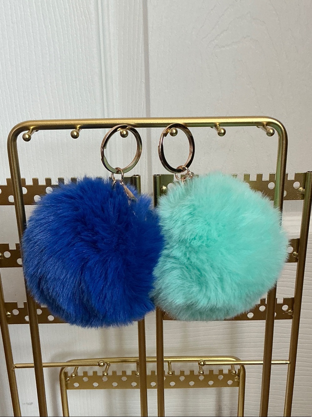 Plush Pom Pom Keychain Pair - Blue & Teal Faux Fur Poms